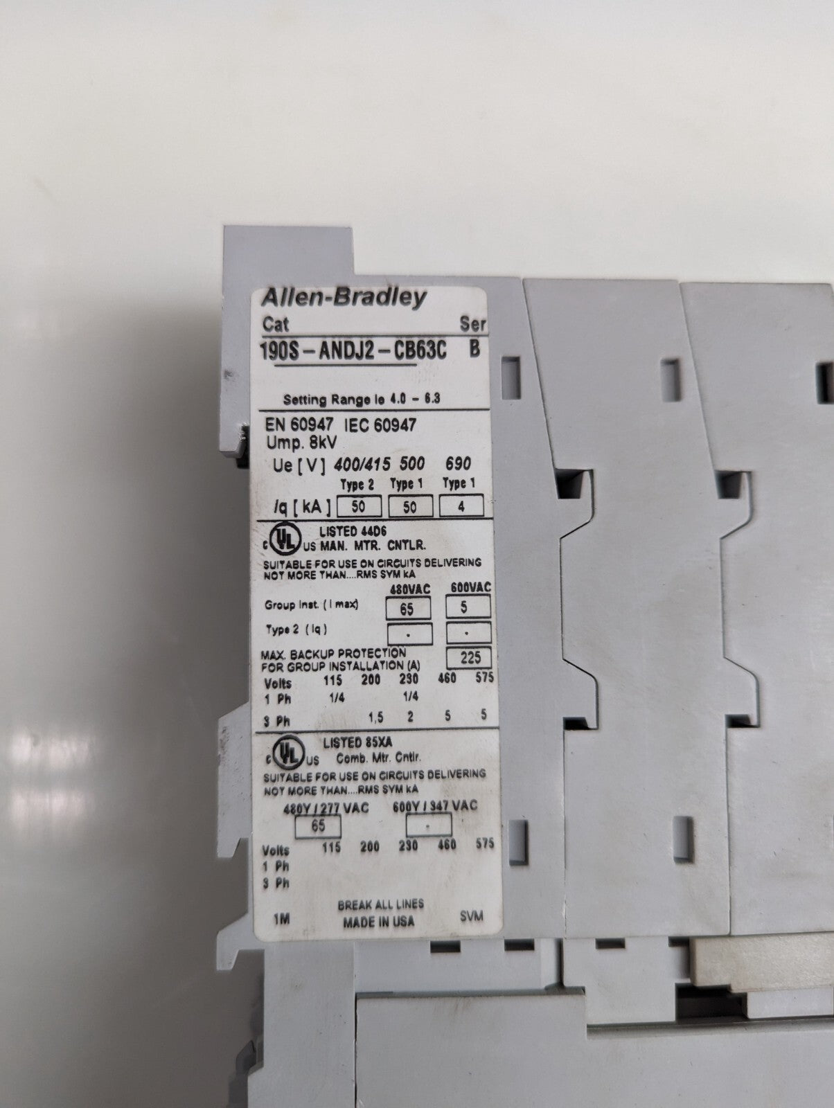 ALLEN BRADLEY 190S-ANDJ2-CB63C MCS COMPACT STARTER 140M-C2E-B63 100-C09D*105