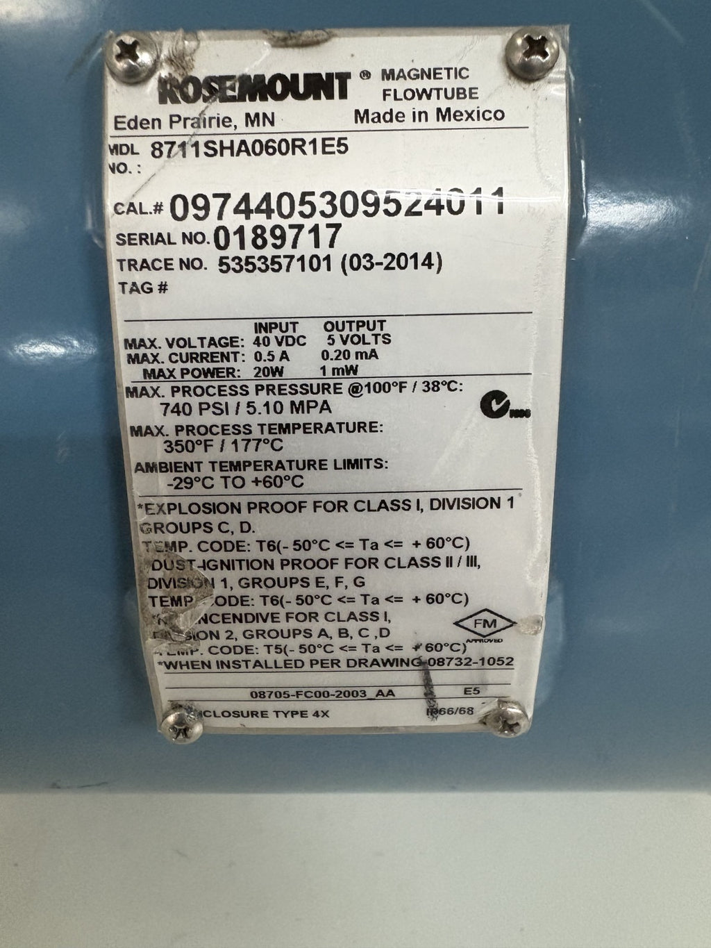 ROSEMOUNT MAGNETIC FLOW TUBE 8711SHA060R1E51