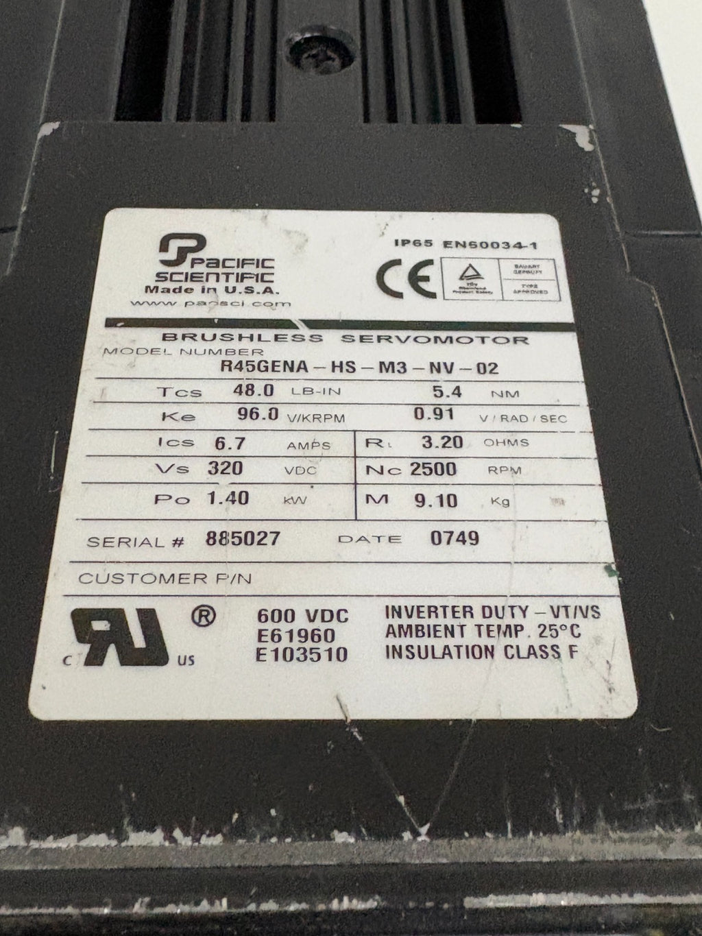 PACIFIC SCIENTIFIC INVERTER DUTY BRUSHLESS SERVOMOTOR R45GENA-HS-M3-NV-02