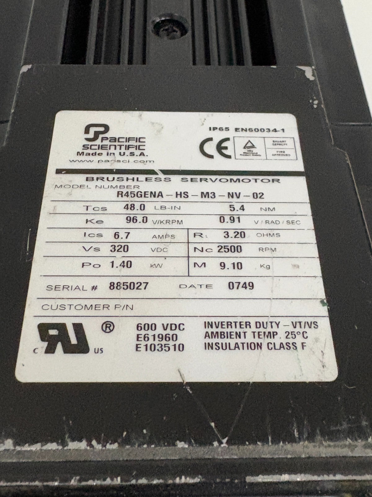 PACIFIC SCIENTIFIC INVERTER DUTY BRUSHLESS SERVOMOTOR R45GENA-HS-M3-NV-02