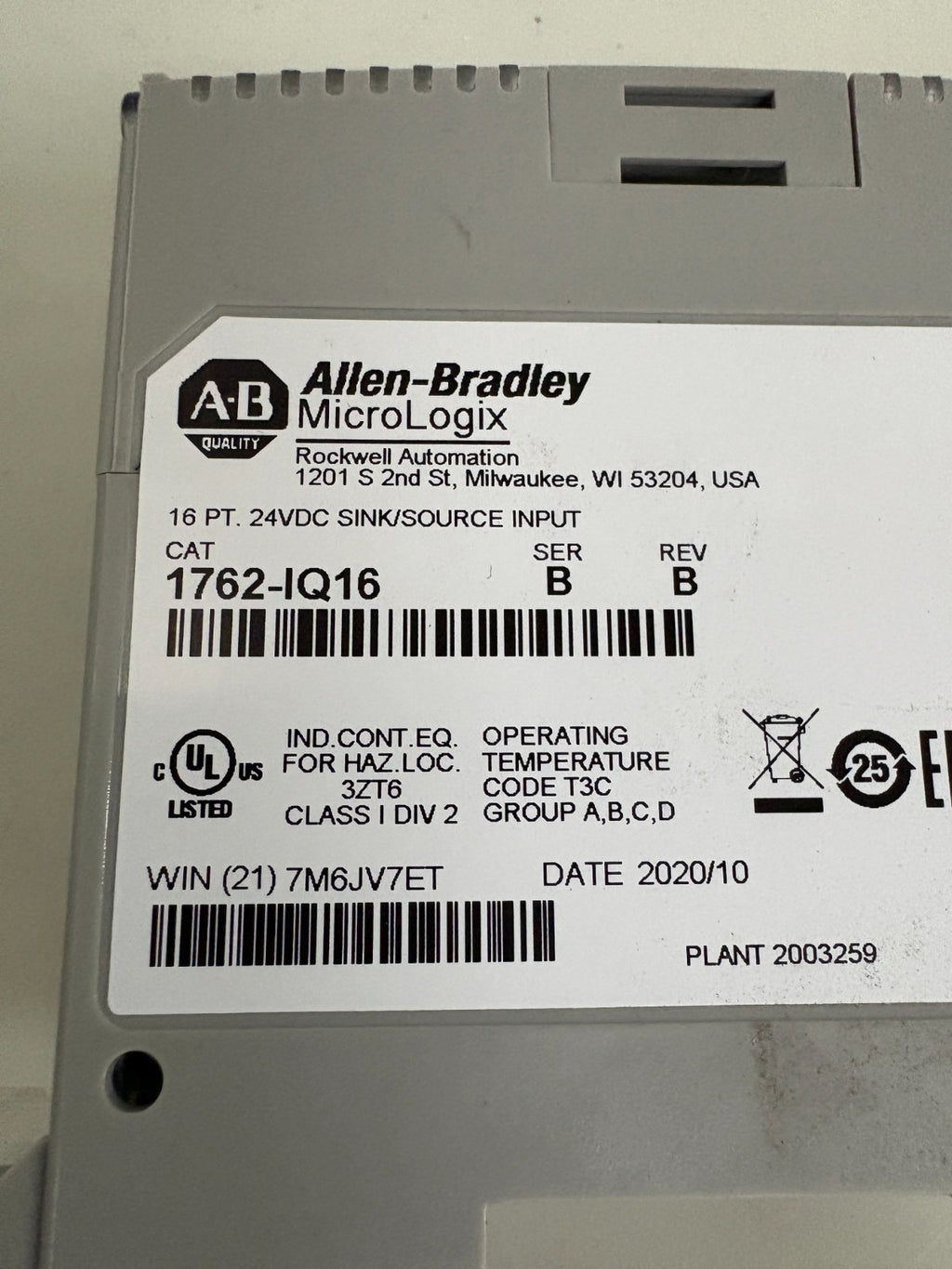 ALLEN BRADLEY MICROLOGIX 16 PT 24VDC SINK/SOURCE INPUT 1762-IQI6 SERB REVB2