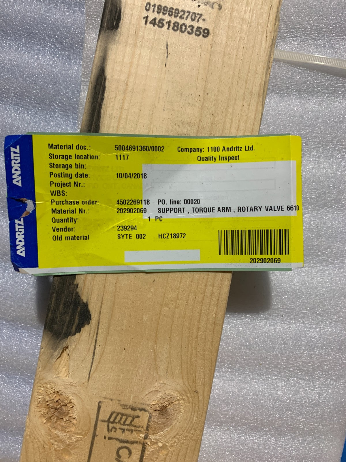 ANDRITZ TORQUE ARM ROTARY VALVE SUPPORT 6610 5004691360/0002