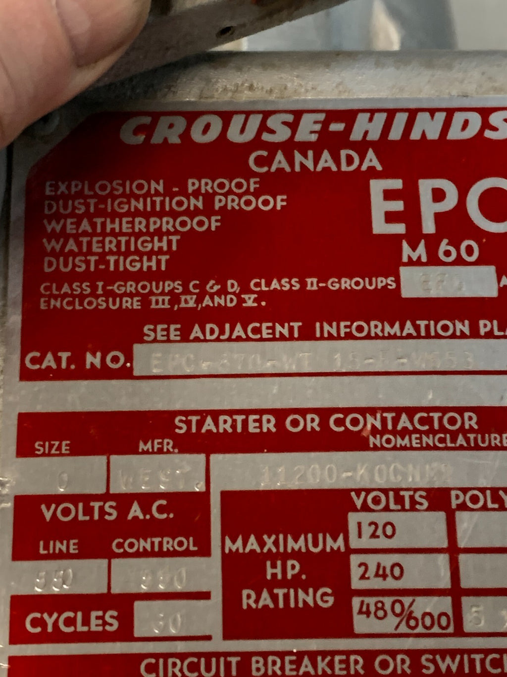Crouse Hinds 600V Explosion Proof Enclosure EPC-M60 EPC-871-WT-15-F-W653-PB