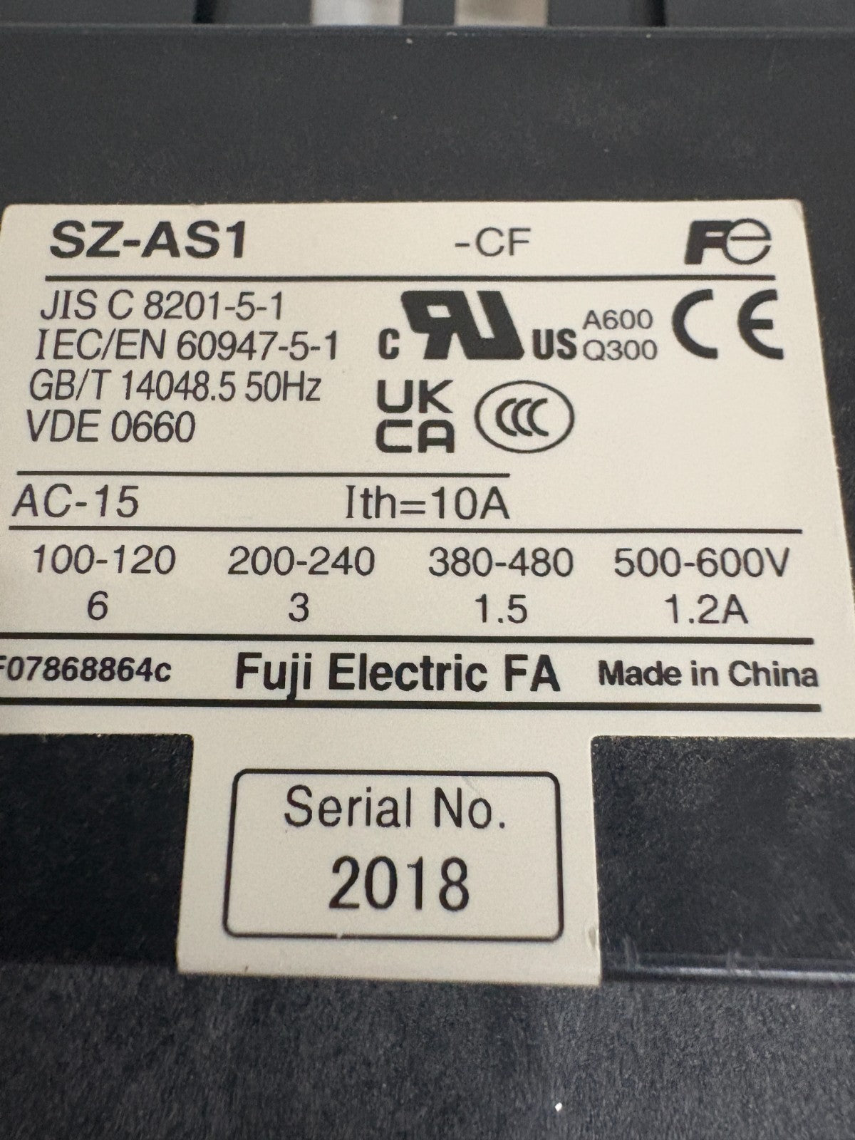 FUJI ELECTRIC CONTACTOR SC-EA/G W/2 AUXILLIARY CONTACT BLOCK SZ-AS13