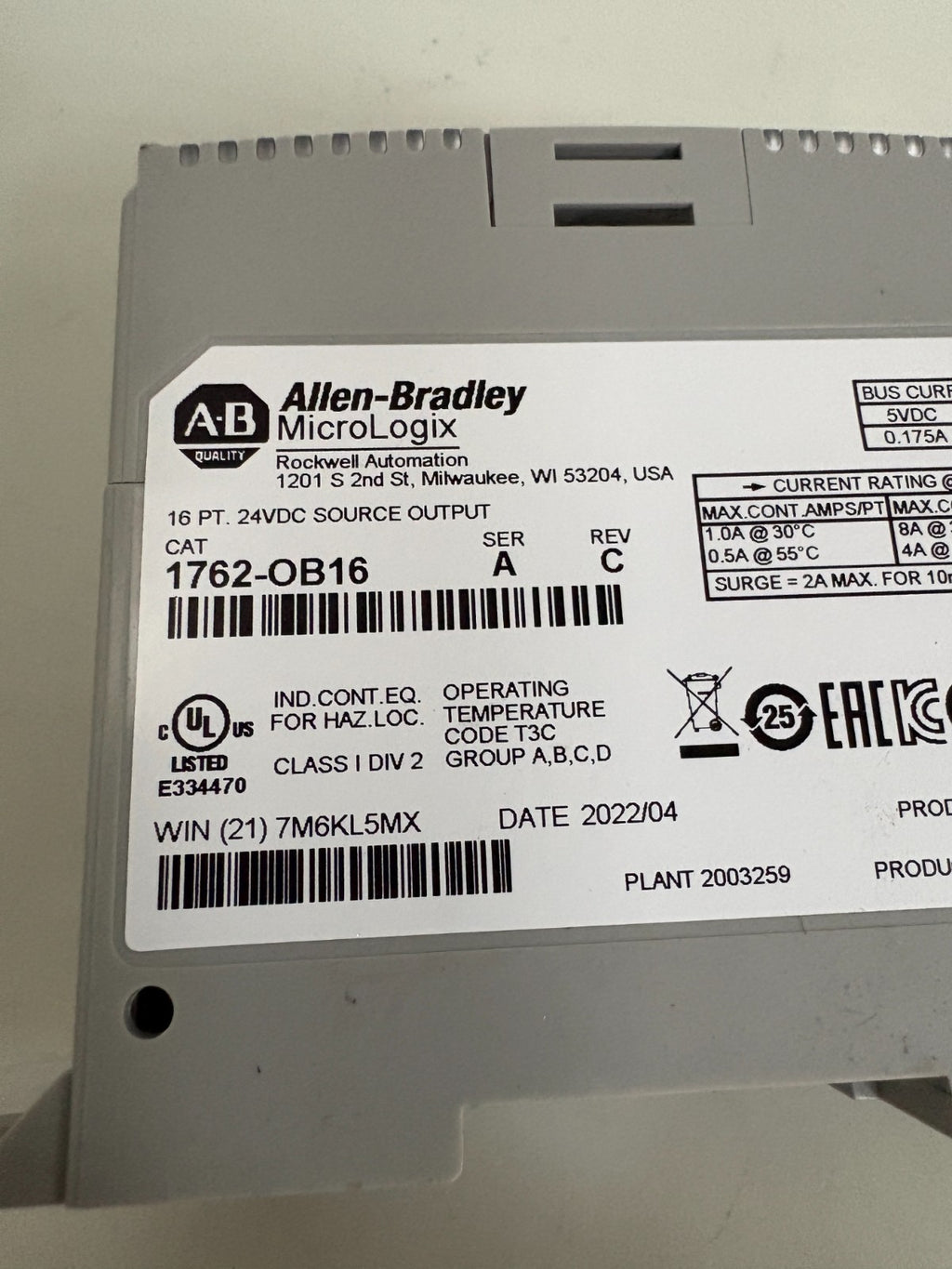 ALLEN BRADLEY MICROLOGIX 16PT 24VDC SOURCE OUTPUT 1762-0B16 SER A REV C
