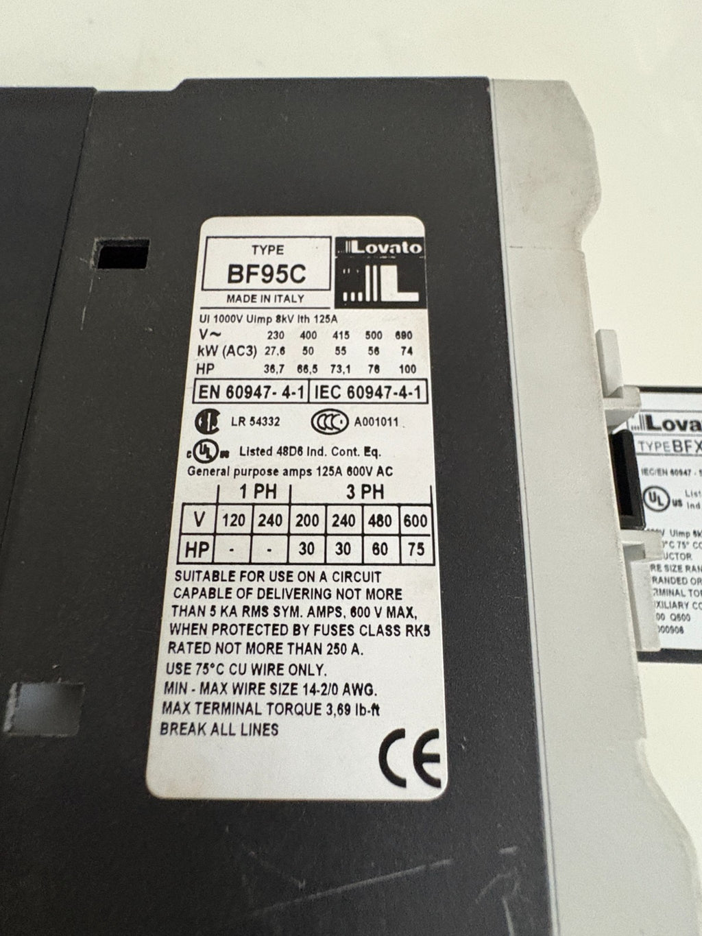 LOVATO BF95 00 CONTACTOR W/BFX10 202