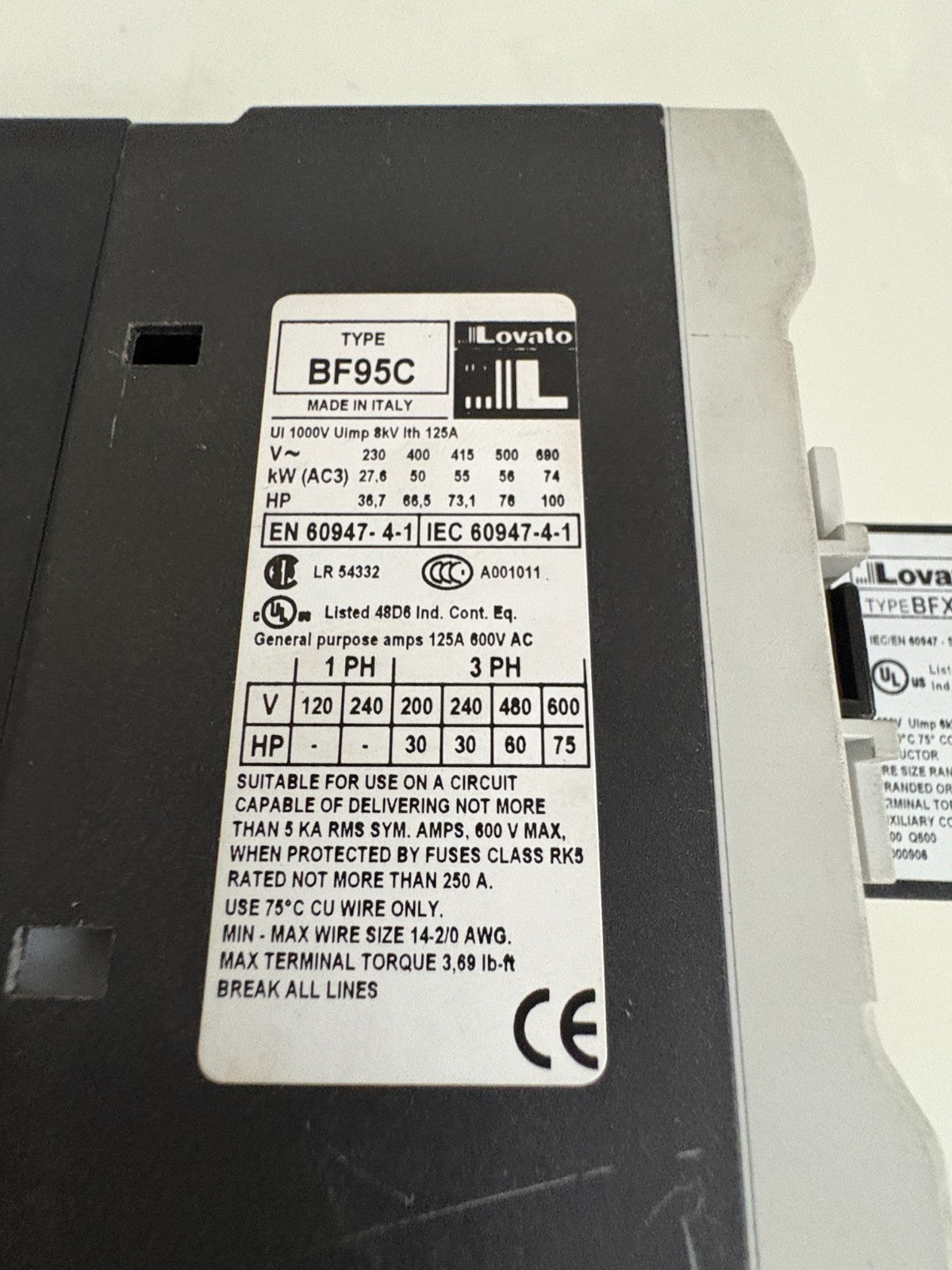 LOVATO BF95 00 CONTACTOR W/BFX10 202