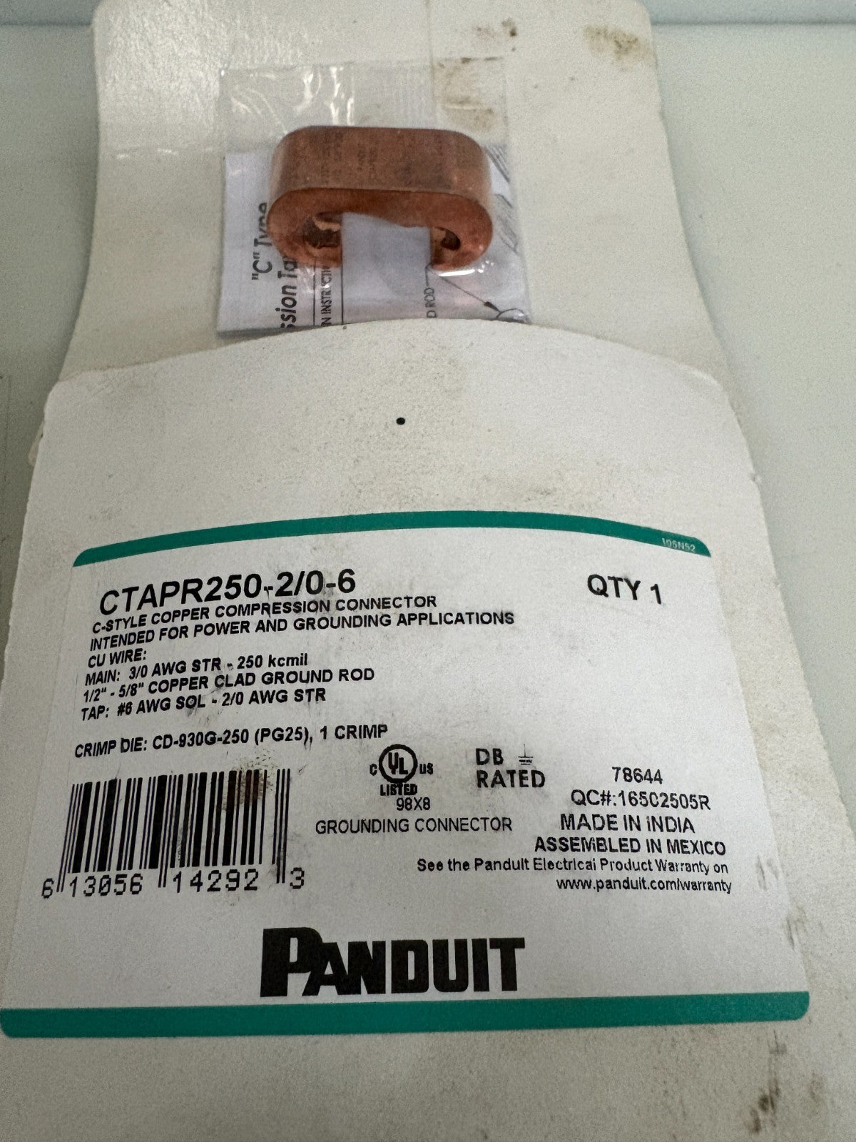 LOT OF 6 PANDUIT C-STYLE COPPER COMPRESSION CONNECTOR CTAPR250-2/0-61