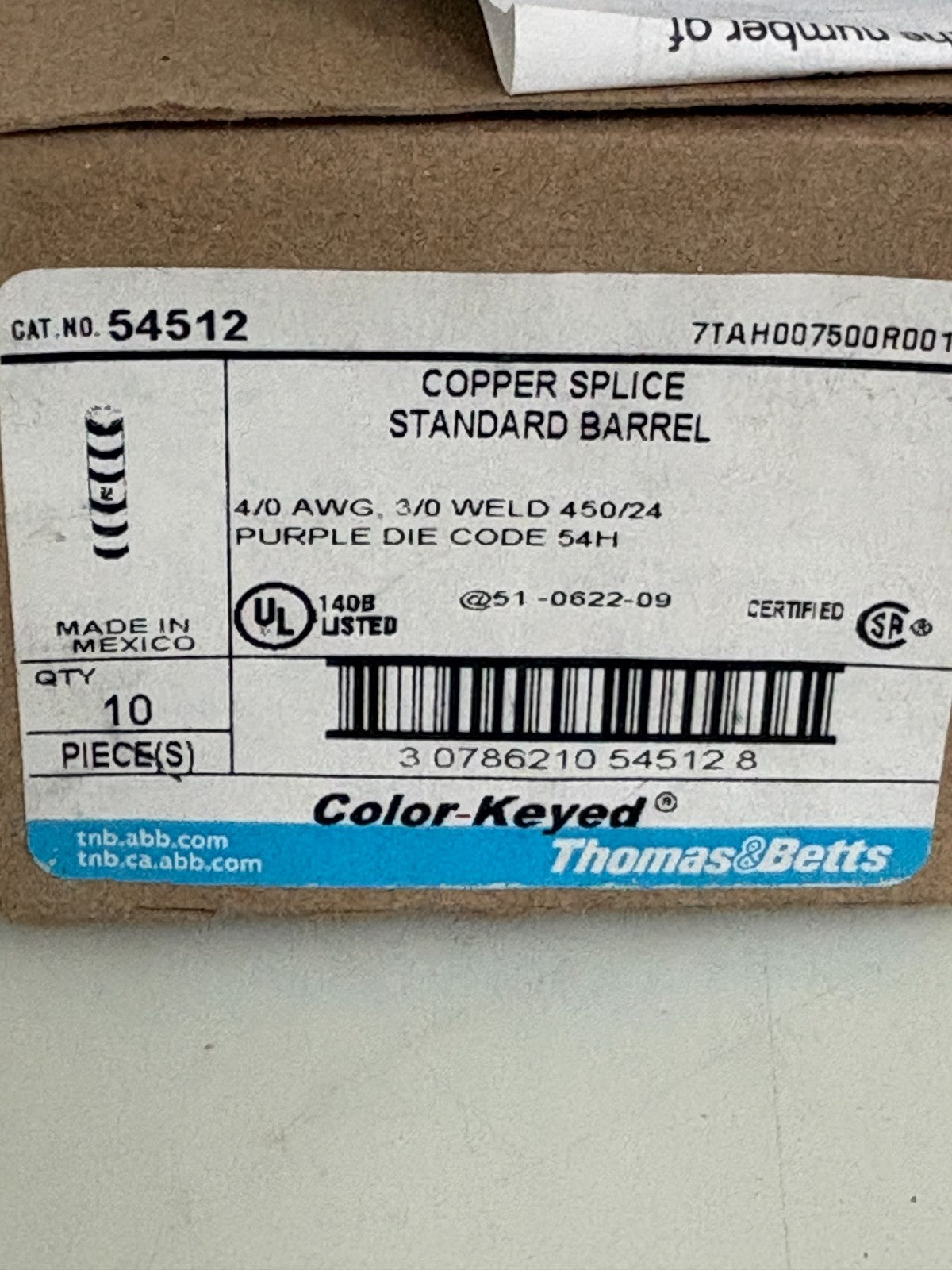 ABB THOMAS & BETTS COOPER SPLICE STANDARD BARREL #54512 10 IN BOX2