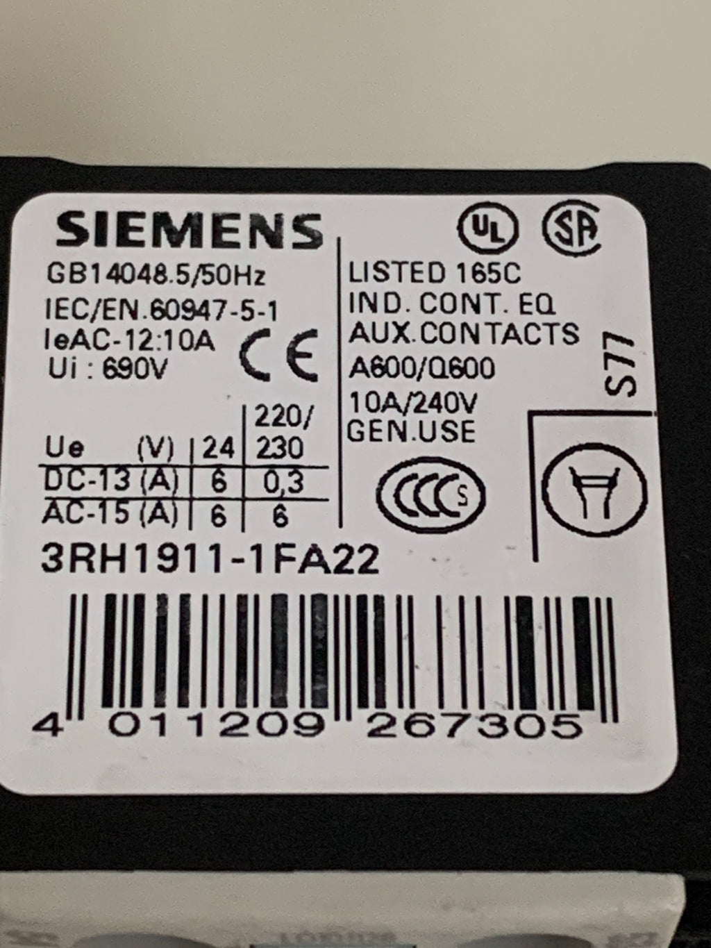 LOT OF 5 SIEMENS AUXILIARY CONTACT 3RH1911-1FA22