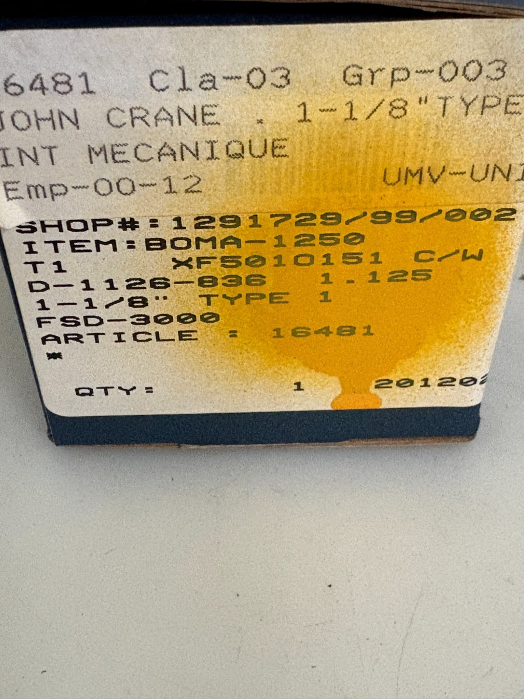 JOHN CRANE MECHANICAL JOINT 1 1/8" TYPE 1 ITEM: BOMA-1250 FSD-3000