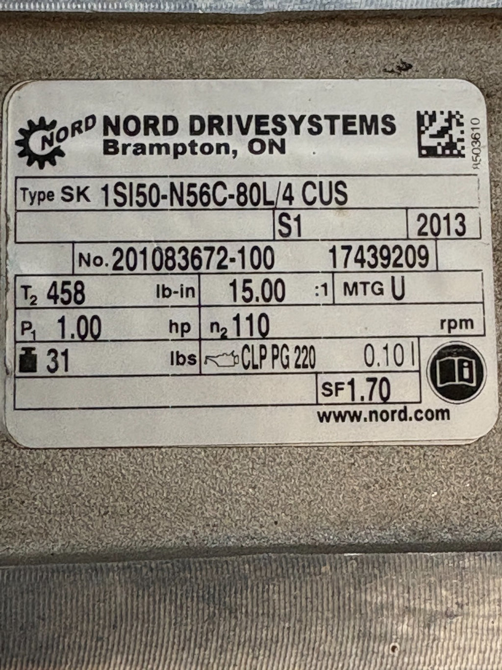 NORD 1HP MOTOR DRIVE SYSTEMS SK 80L/4 CUS W/ GEAR BOX SK 1SI50-N56C-80L/4 CUS