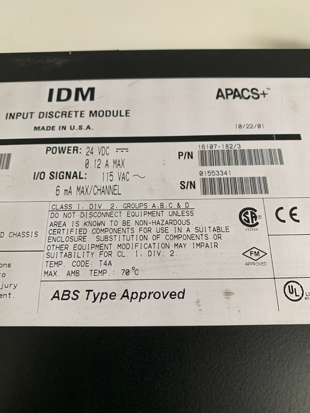 SIEMENS MOORE APACS+ IDM IMPUT DISCREET MODULE 391DM115CCBN 16107-182/3