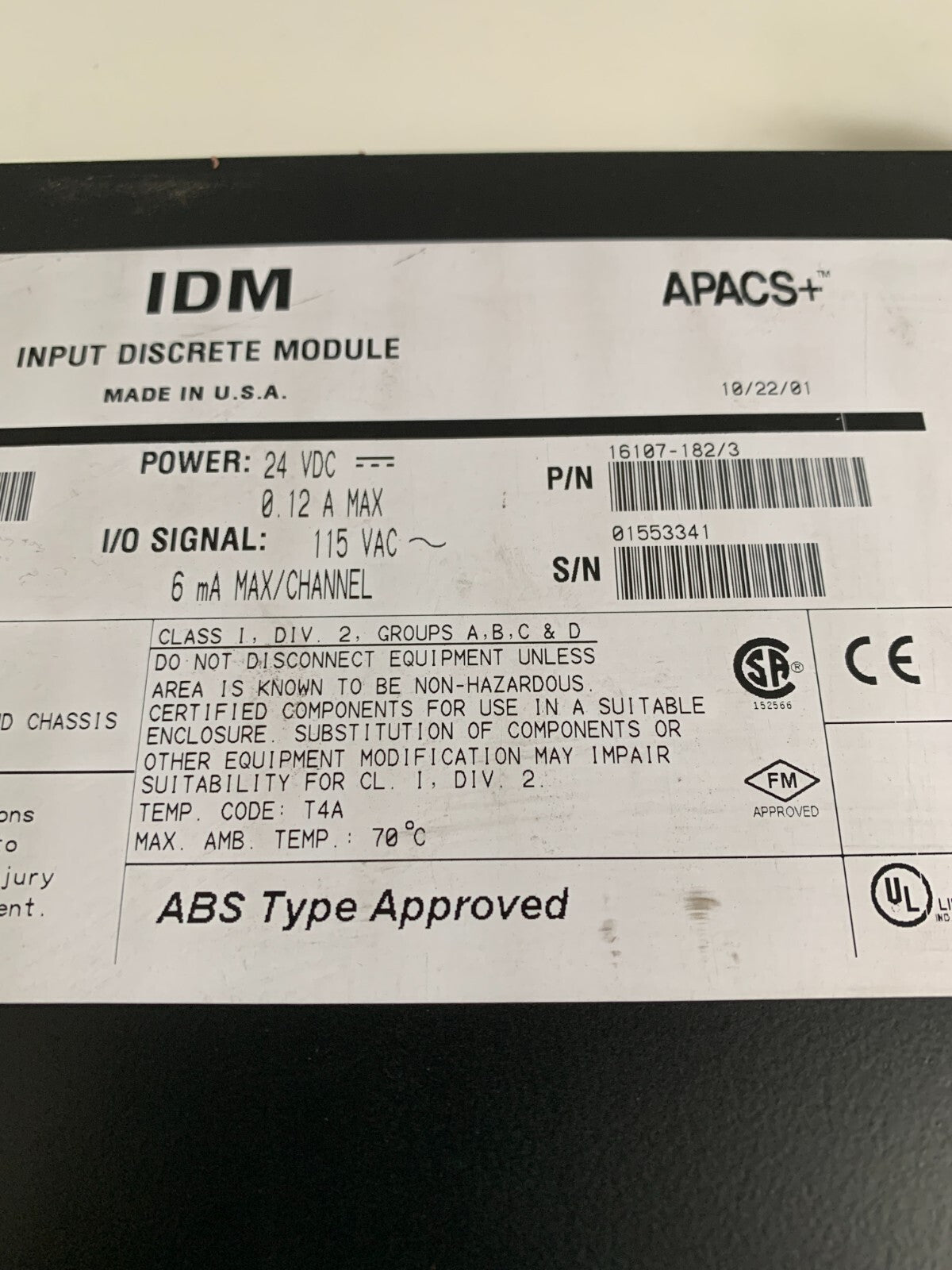 SIEMENS MOORE APACS+ IDM IMPUT DISCREET MODULE 391DM115CCBN 16107-182/3