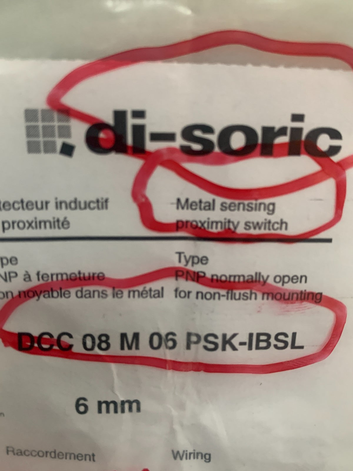 DI-SORIC METAL SENSING PROXIMITY SWITCH DCC 08 M 06 PSK-IBSL2