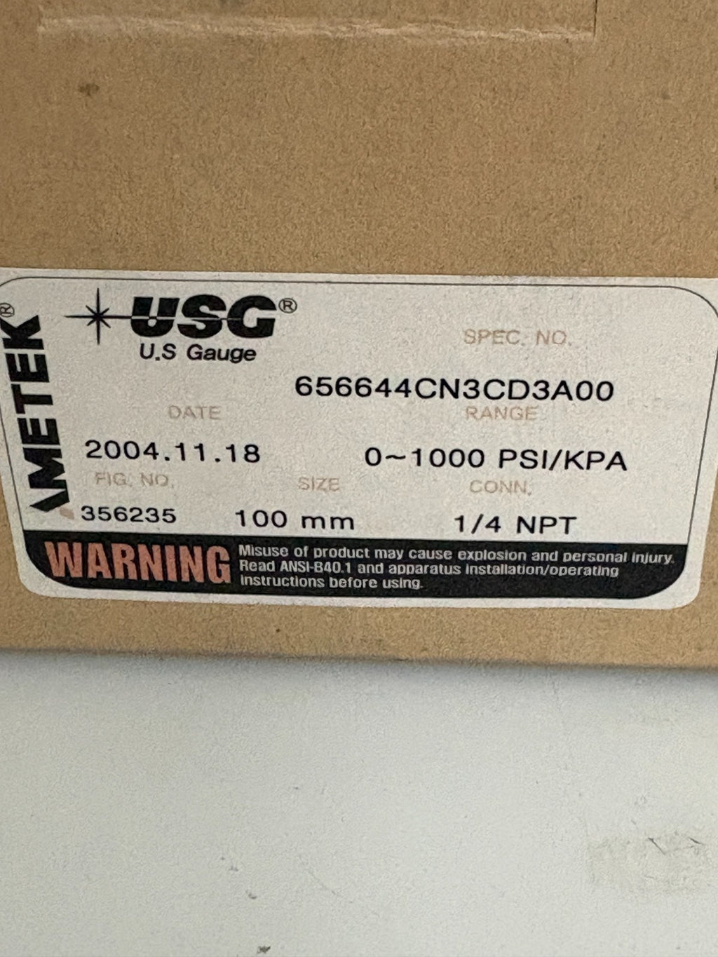 AMETEK USG GAUGE 0-1000 PSI/KPA 1/4NPT #356235
