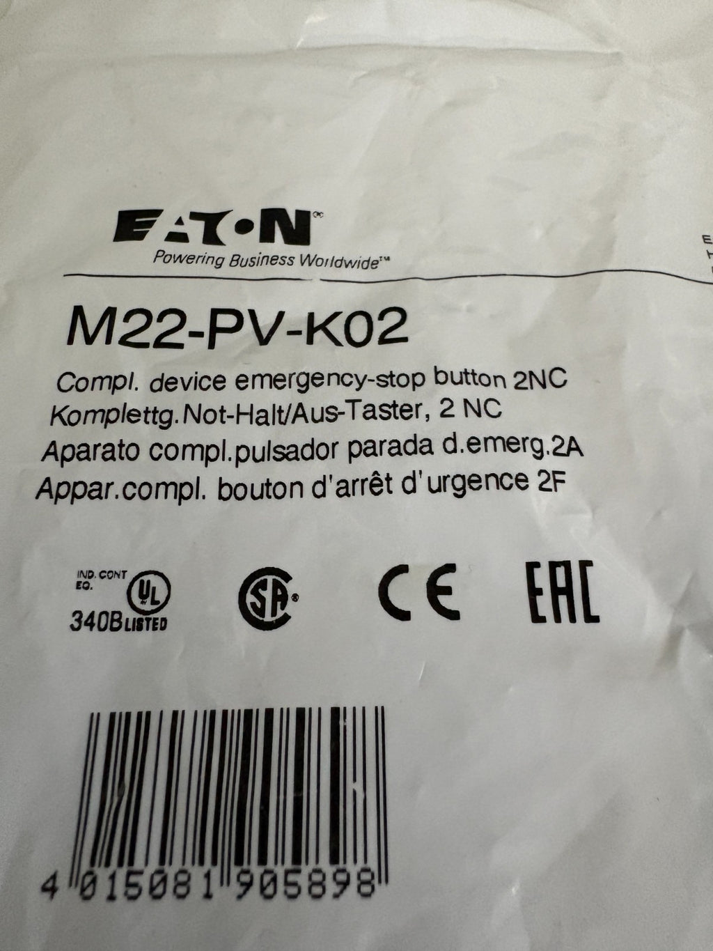 EATON EMERGENCY STOP BUTTON M22-PV-K02 W/M22-K01