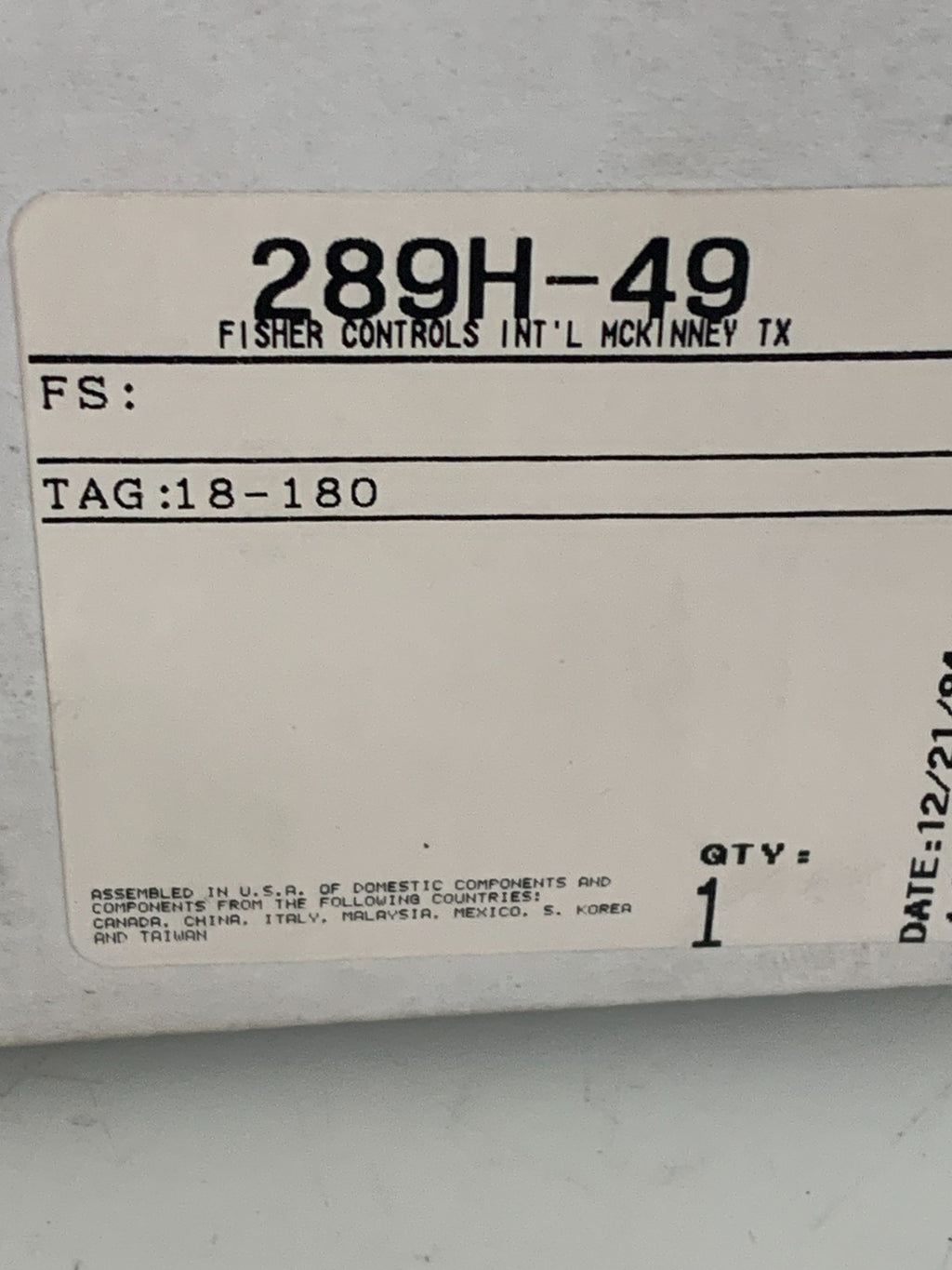 FISHER RELIEF VALVE CONTROLS 289 H-49