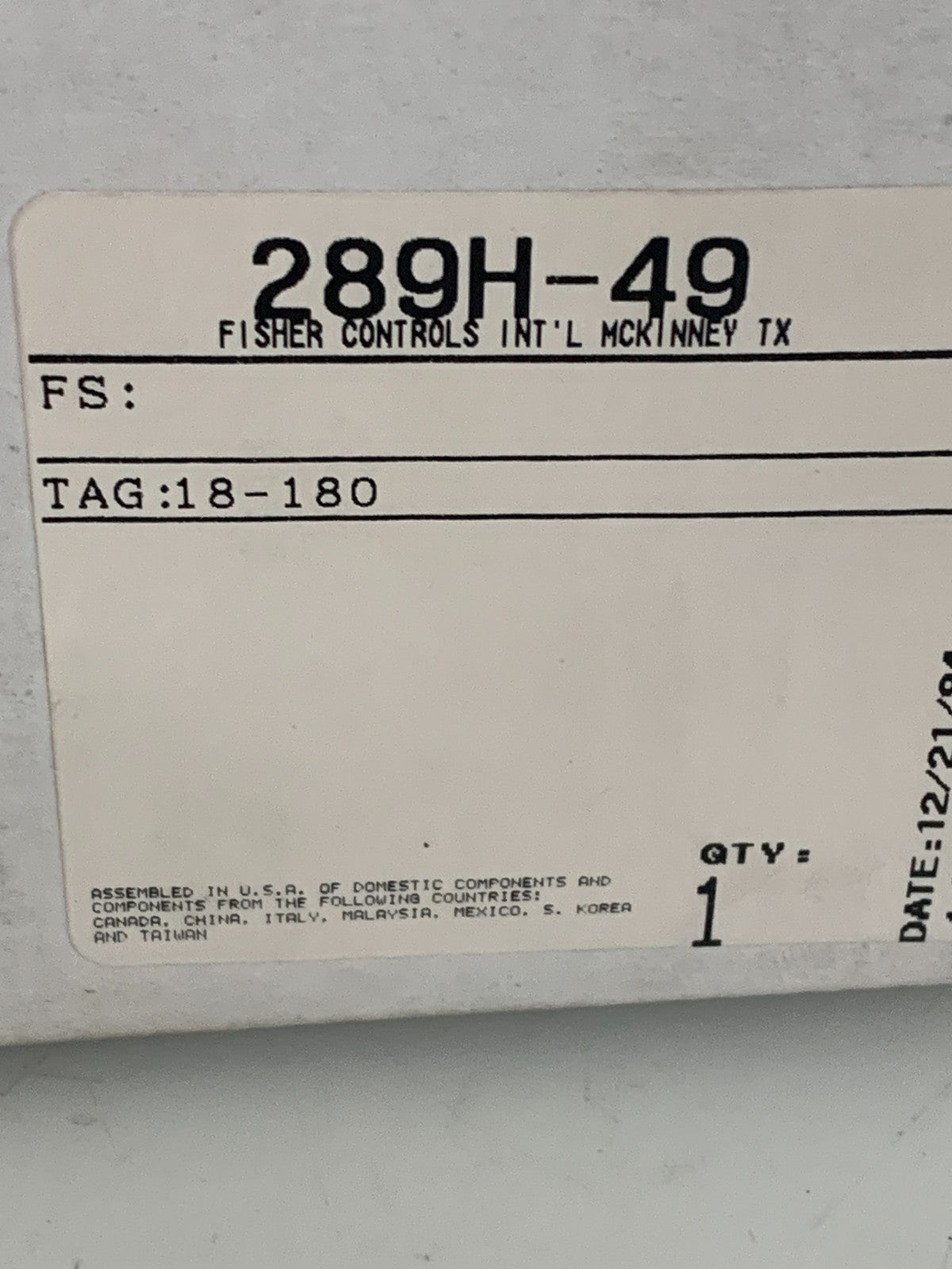 FISHER RELIEF VALVE CONTROLS 289 H-49