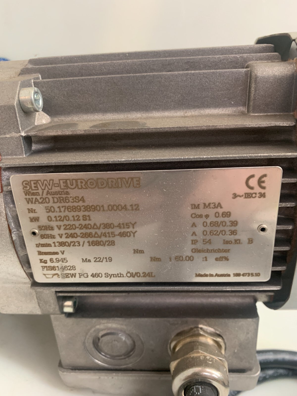 SEW Eurodrive Gear Motor WA20 DR63S4 1380RPM