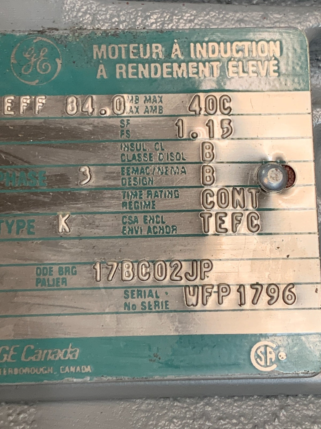 GENERAL ELECTRIC HIGH EFFICENCY INDUCTION MOTOR 2HP 1F9095M