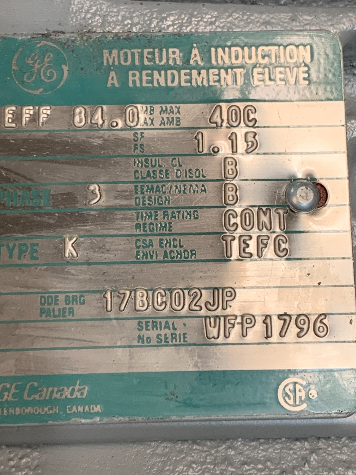 GENERAL ELECTRIC HIGH EFFICENCY INDUCTION MOTOR 2HP 1F9095M