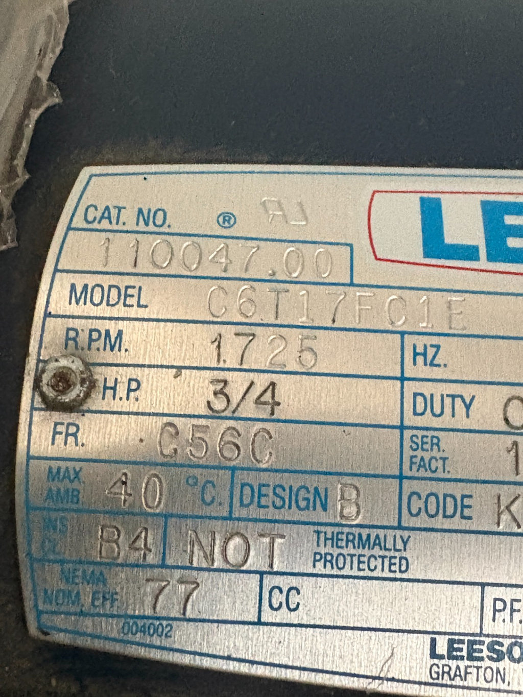 LEESON 3/4 HP 1725 RPM MOTOR C6T17FC1E 3