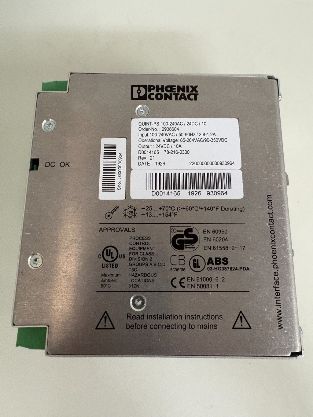PHOENIX CONTACT POWER SUPPLY QUINT-PS-100-240AC/24DC/10 #29386042