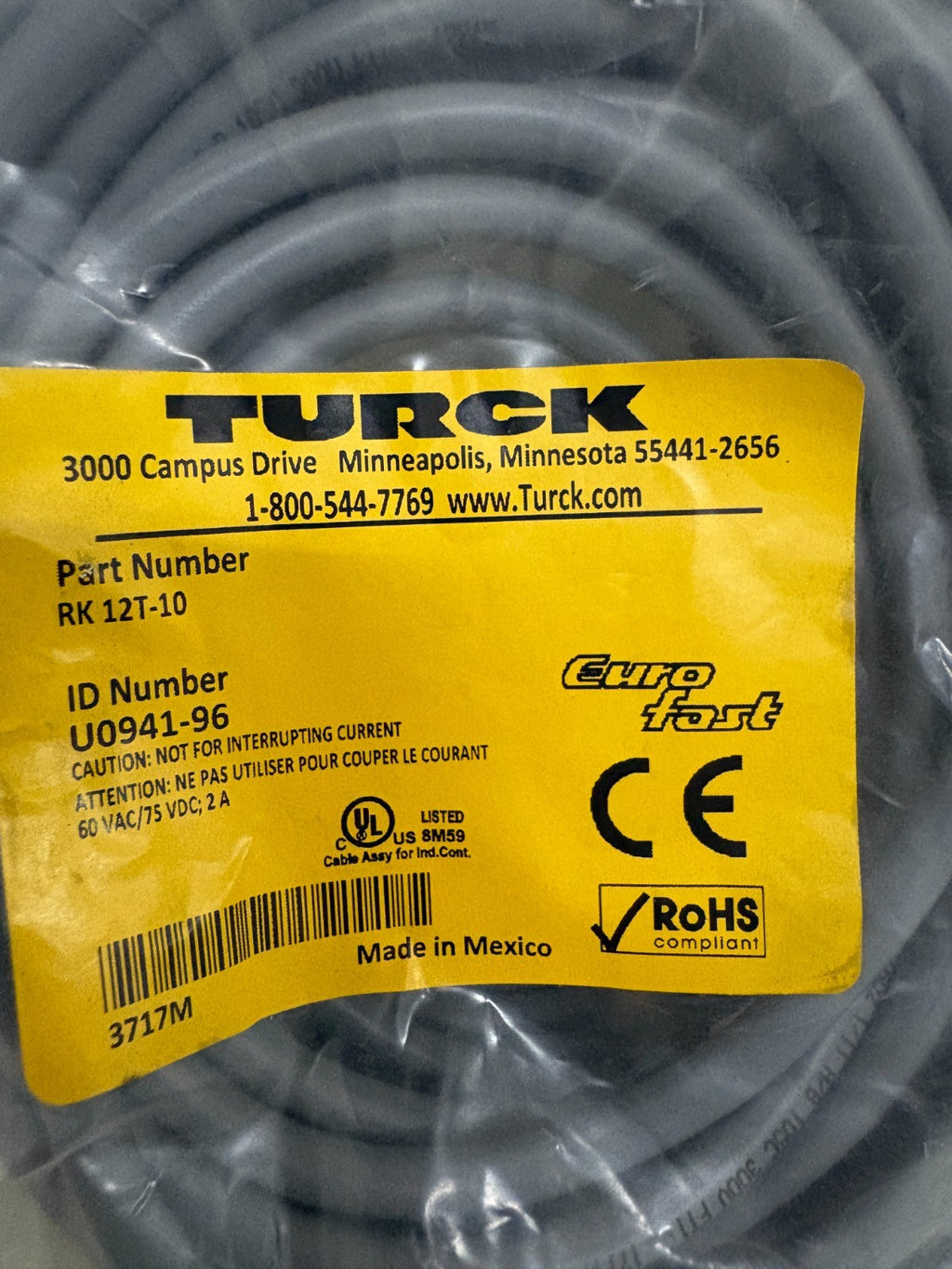 TURCK EURAFAST SENSOR ACTUATOR CABLE RK 12T-10 U0941-961