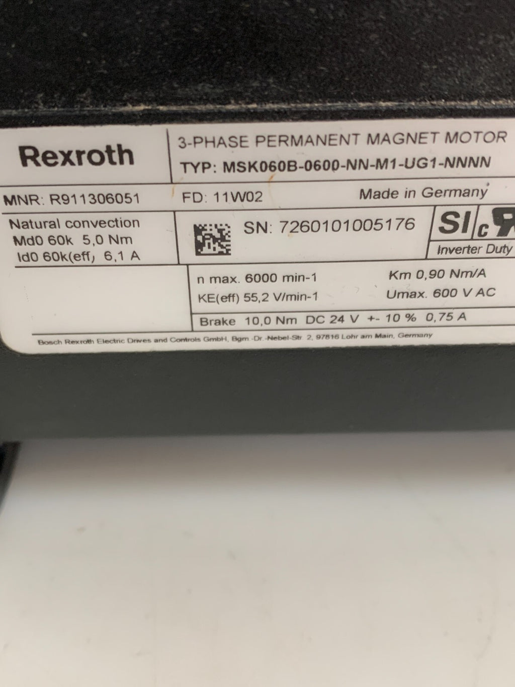 REXROTH 3 PHASE PERMANENT MAGNET MOTOR MSK060B-0600-NN-M1-UG1-NNNN