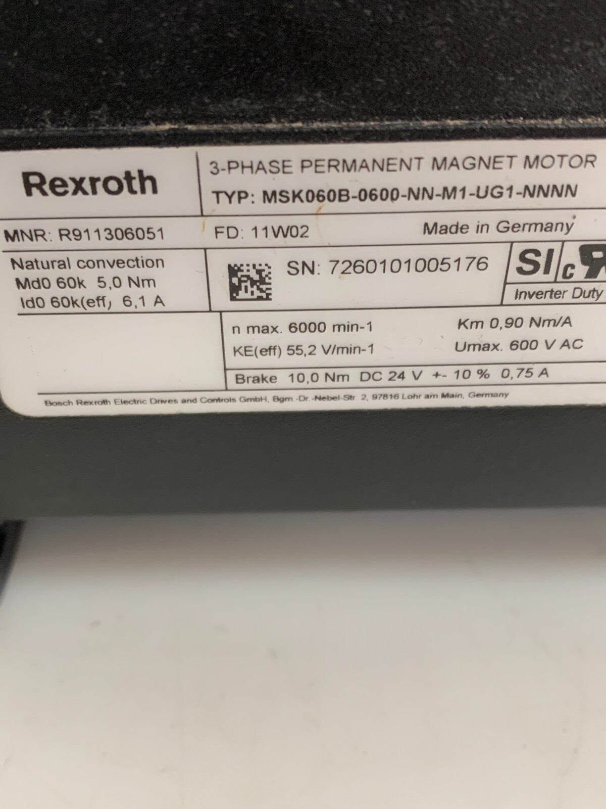 REXROTH 3 PHASE PERMANENT MAGNET MOTOR MSK060B-0600-NN-M1-UG1-NNNN