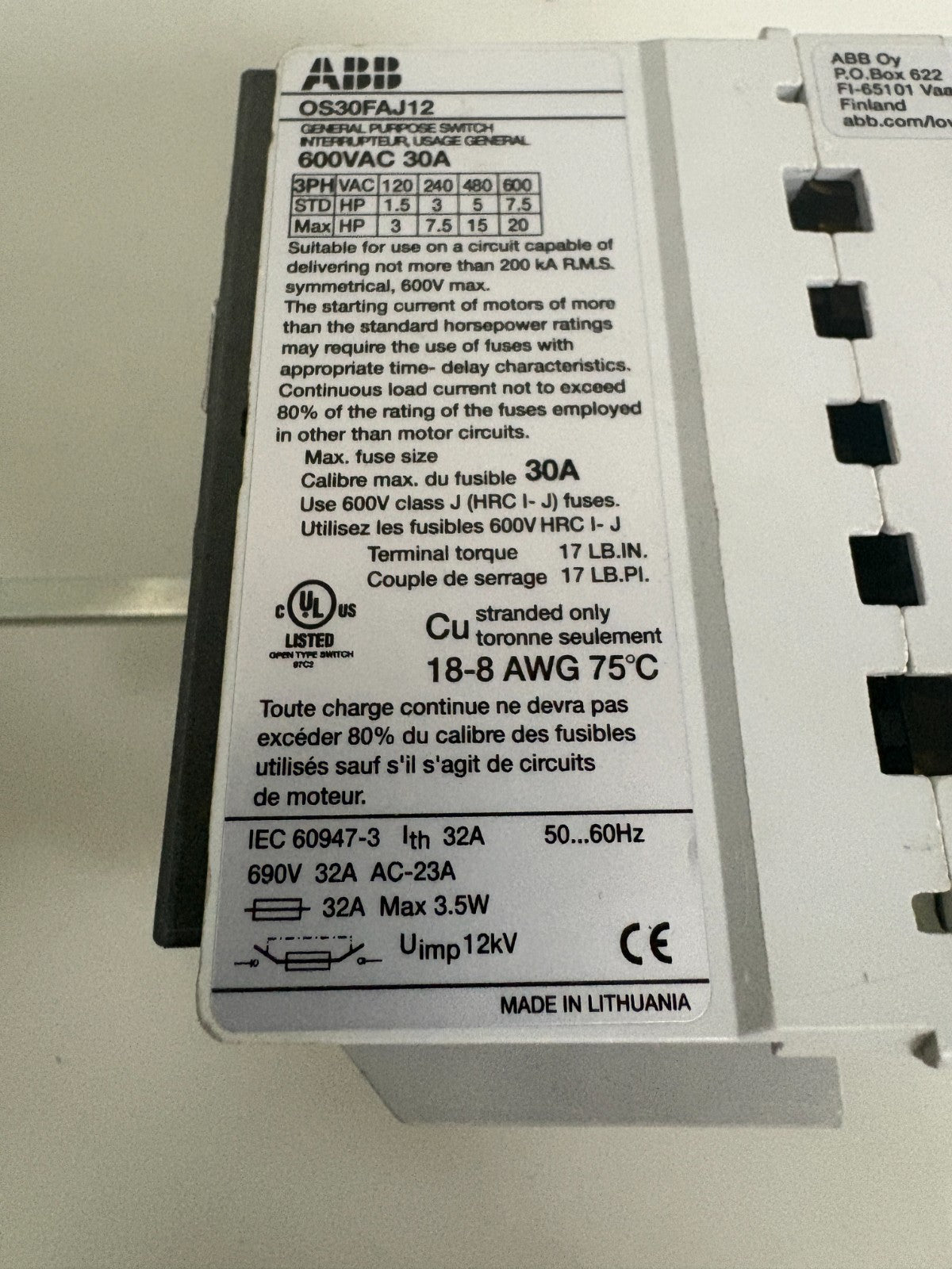 ABB DISCONNECT SWITCH 0S 30FAJ12