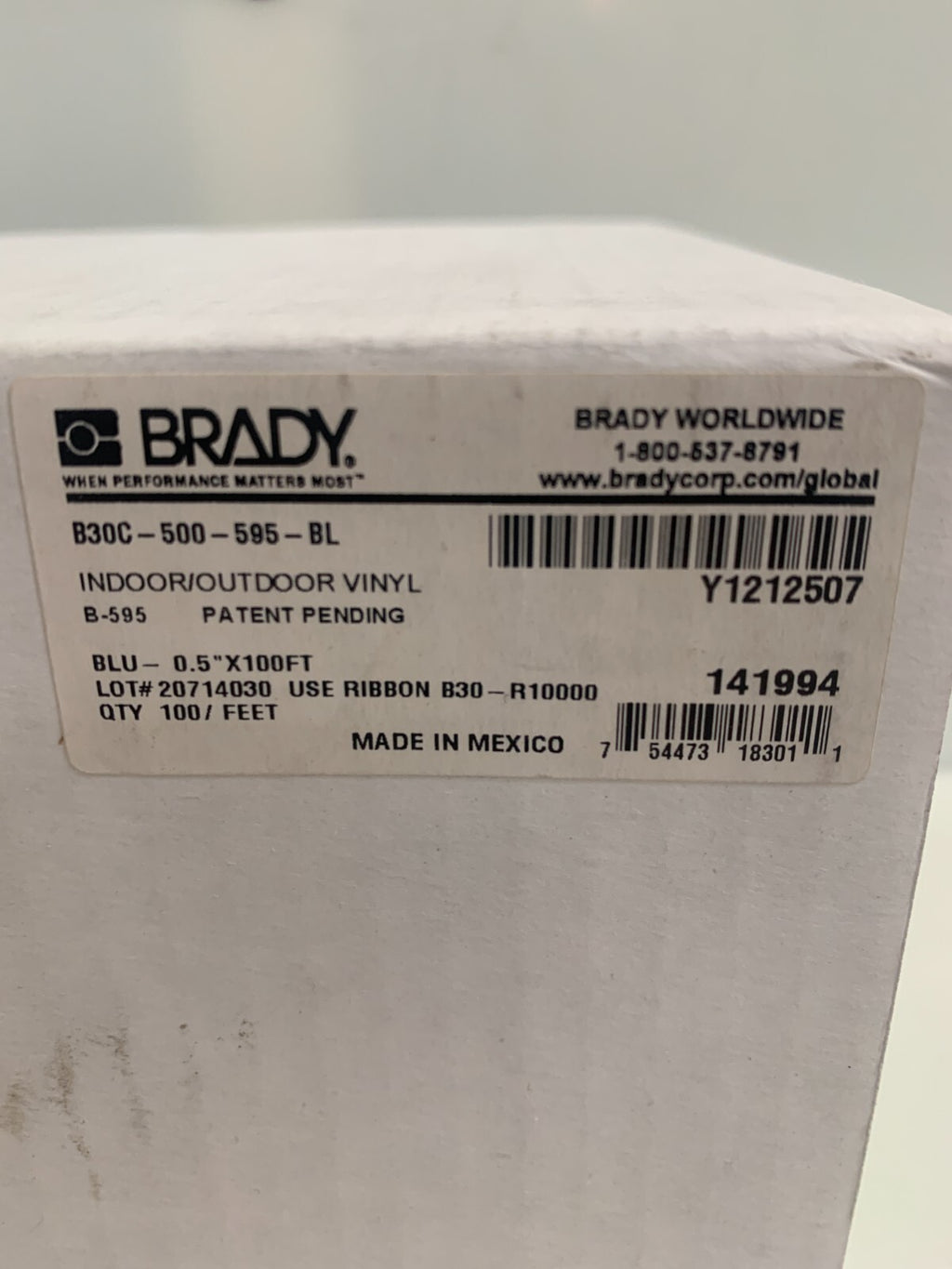 BRADY .5" X 100FT B30C-500-595-BL BLUE RIBBON CARTRIDGE1