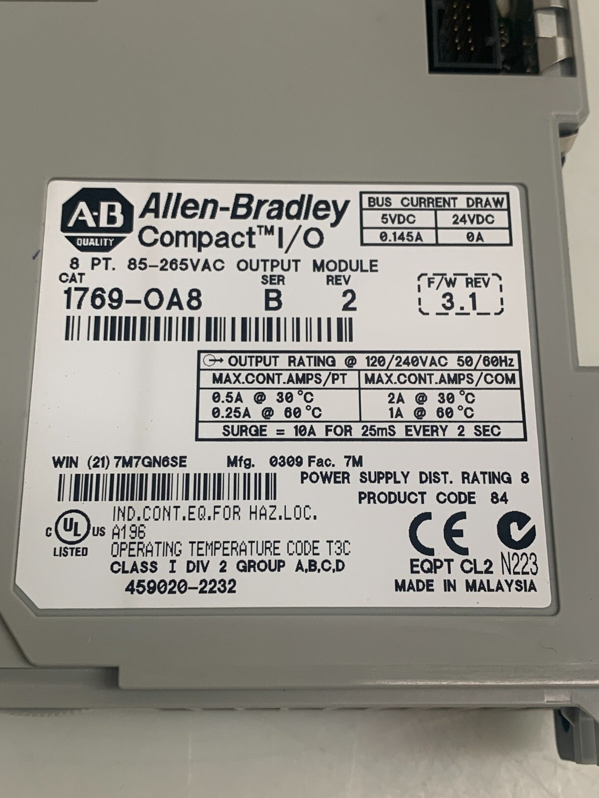 Allen Bradley 1769-OA8 8 pt. 85-265VAC Output Module Ser B Rev 2