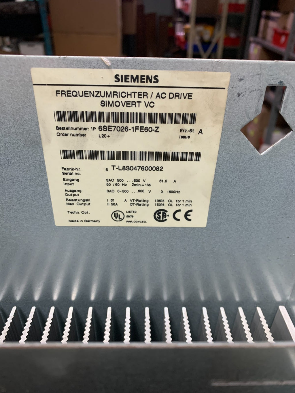 Siemens AC Drive Simovert VC 6SE7026-1FE60-Z Issue A VECTOR CONTROL CHASSIS UNIT