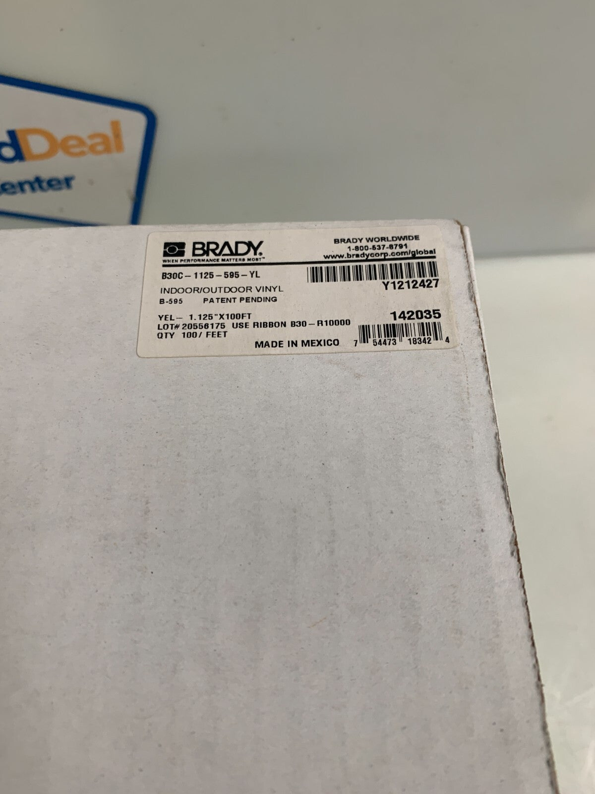 BRADY 1.125" X 100FT B30C-1125-595-YL YELLOW RIBBON CARTRIDGE1
