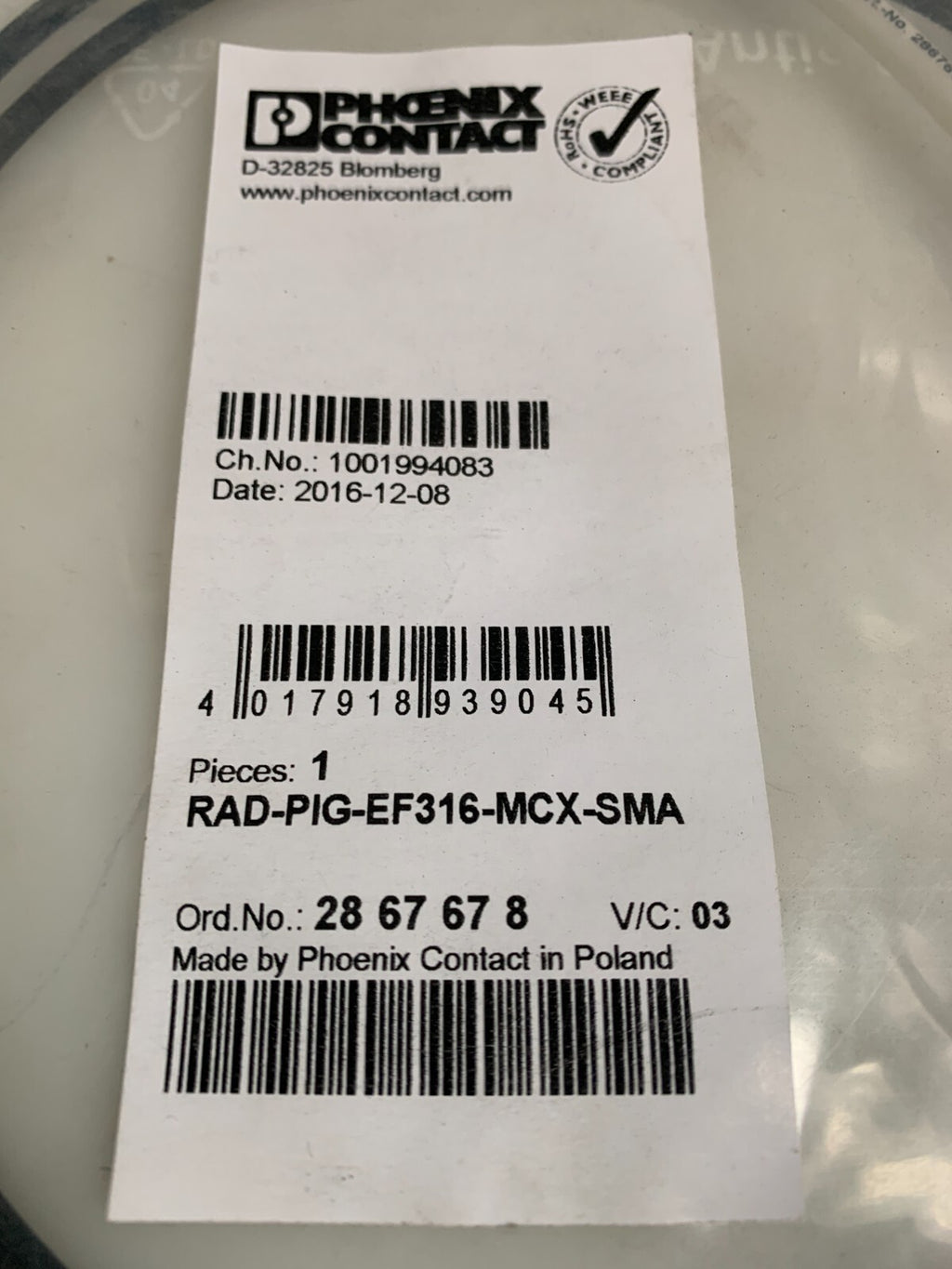 PHOENIX CONTACT ANTENNA CABLE RAD-PIG-EF316-MCX-SMA