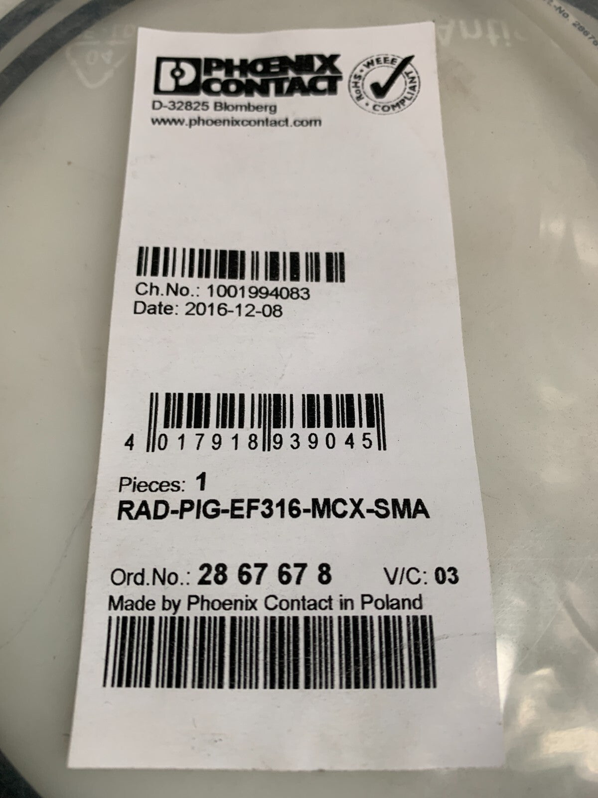 PHOENIX CONTACT ANTENNA CABLE RAD-PIG-EF316-MCX-SMA