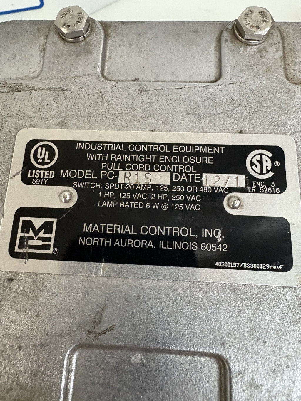 MATERIAL CONTROL RAINTIGHT ENCLOSURE PULL CORD CONTROL PC-R1S