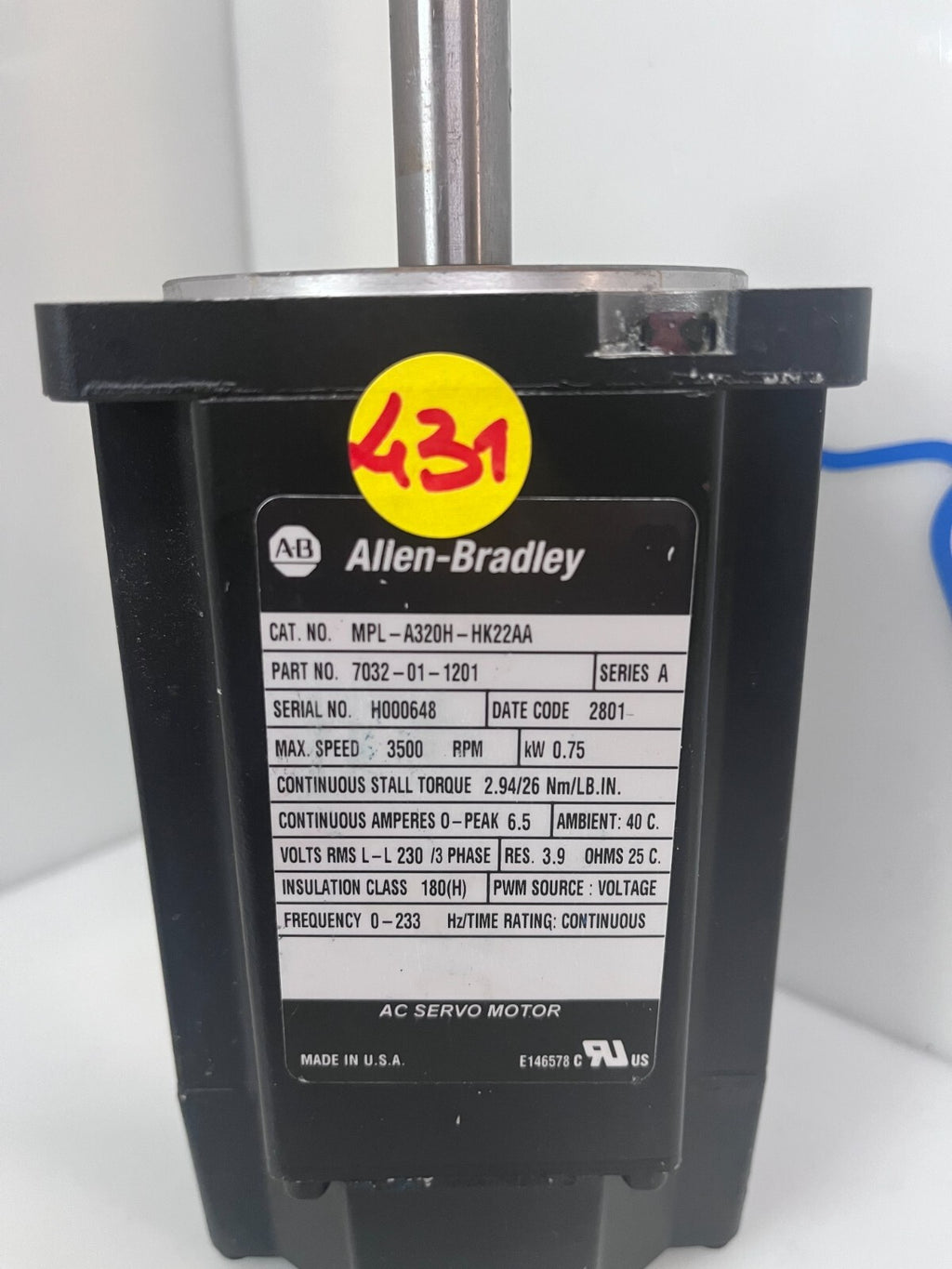 ALLEN BRADLEY MPL-A320H-HK22AA / MPLA320HHK22AA Ser A AC Servo Motor