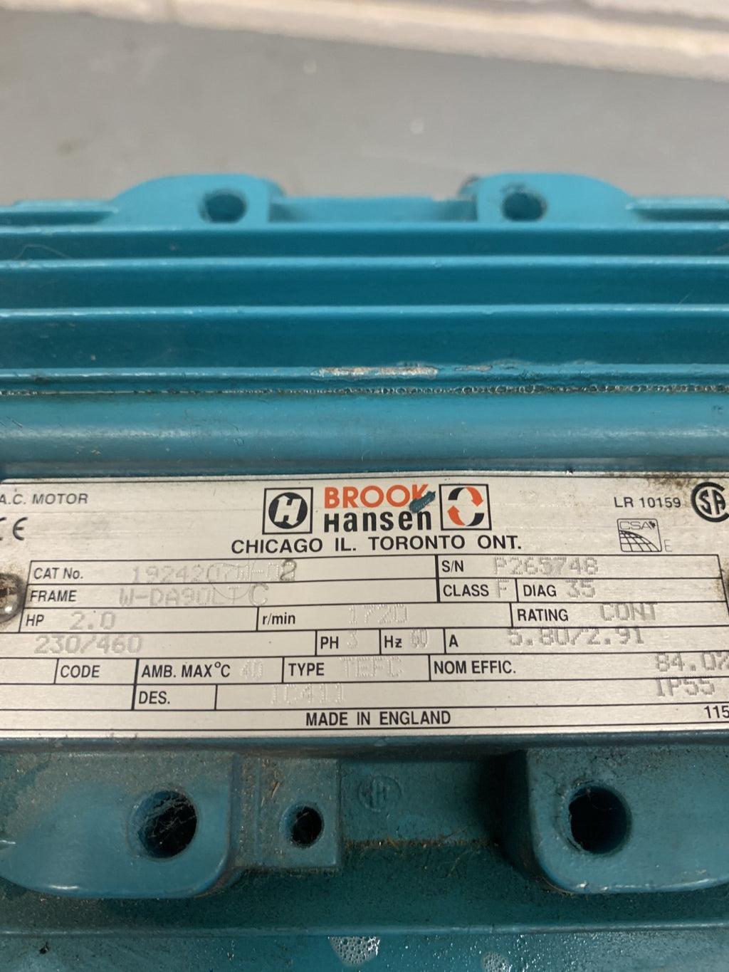 BROOK HANSEN 2 HP AC MOTOR 1924207W-021