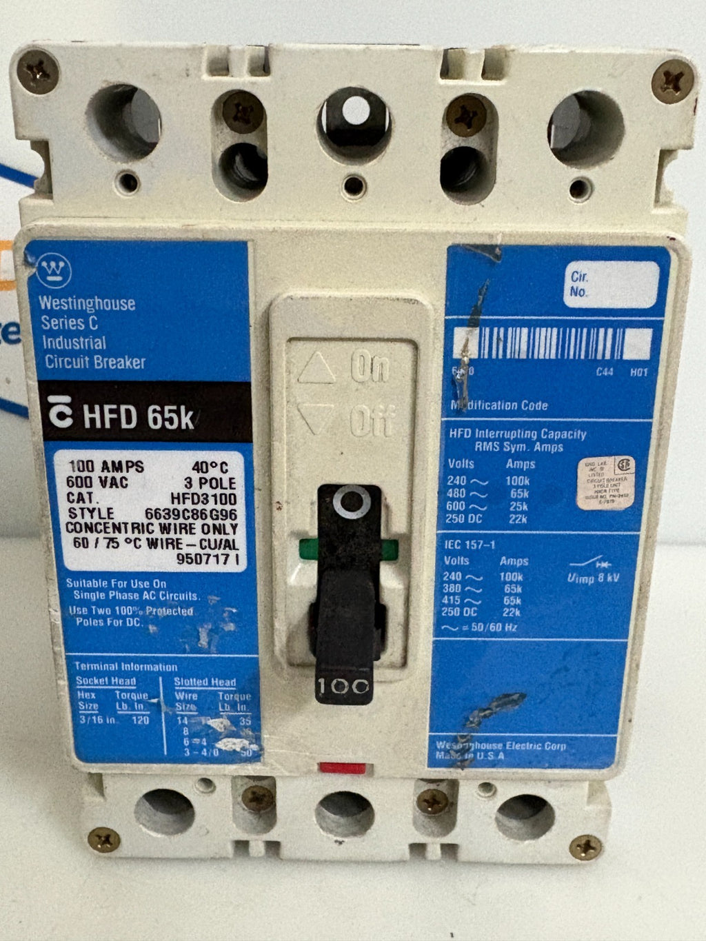 WESTINGHOUSE CIRCUIT BREAKER 100 AMP HFD3100 HFD 65K
