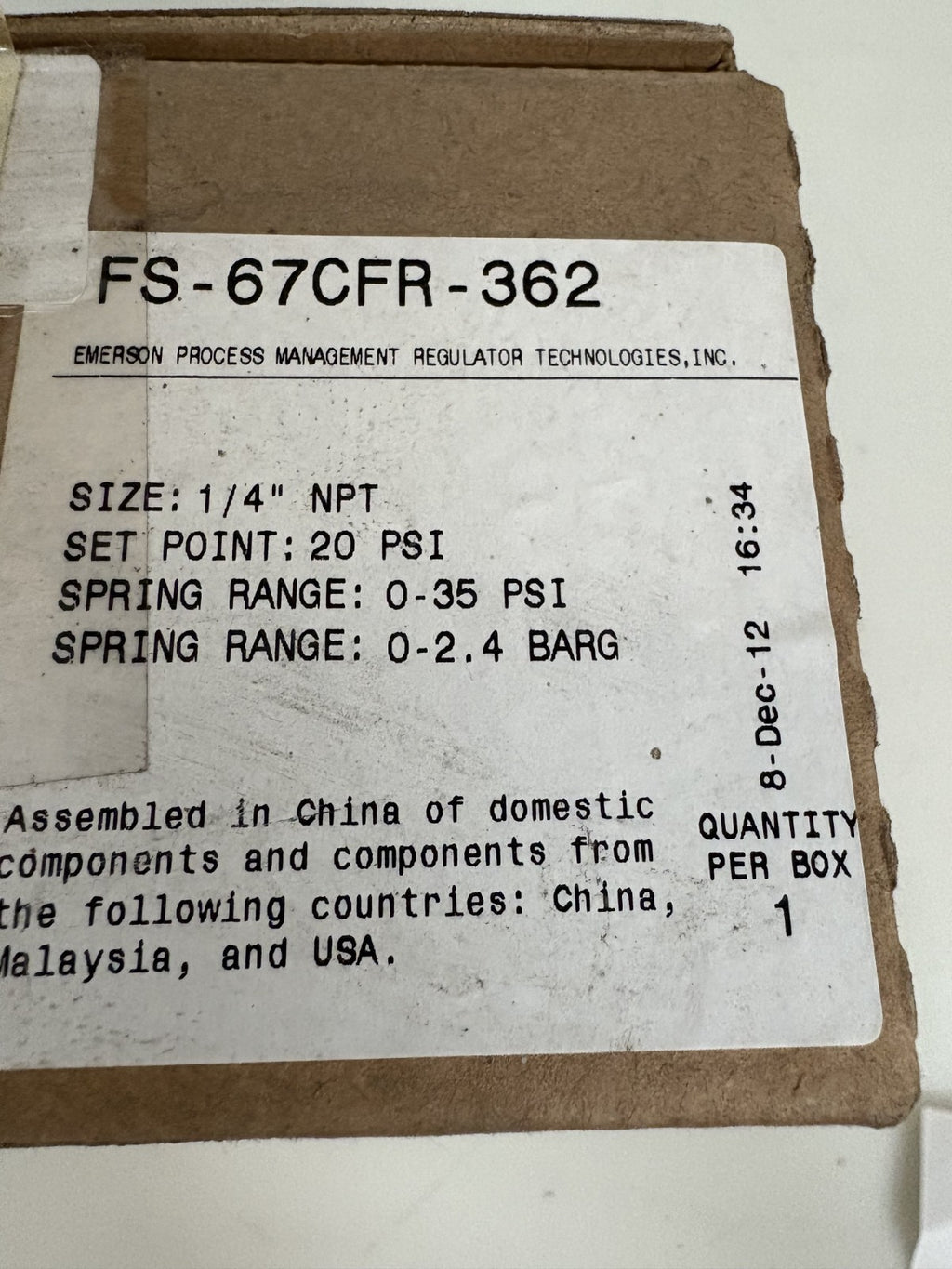 FISHER CONTROLS PRESSURE REGULATOR FS-67CFR-362