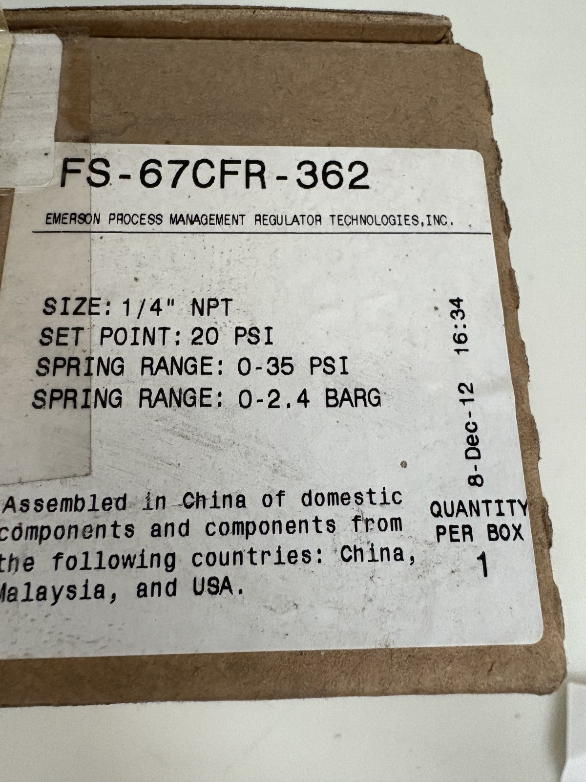 FISHER CONTROLS PRESSURE REGULATOR FS-67CFR-362