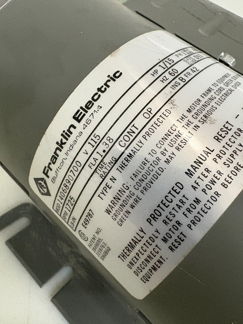 FRANKLIN ELECTRIC TYPE N 1/15 HP MOTOR 14068907002