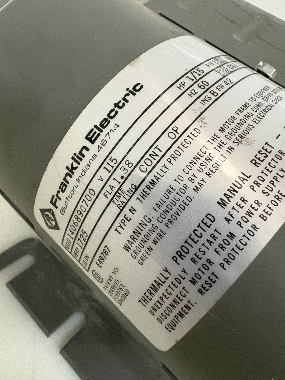 FRANKLIN ELECTRIC TYPE N 1/15 HP MOTOR 14068907002