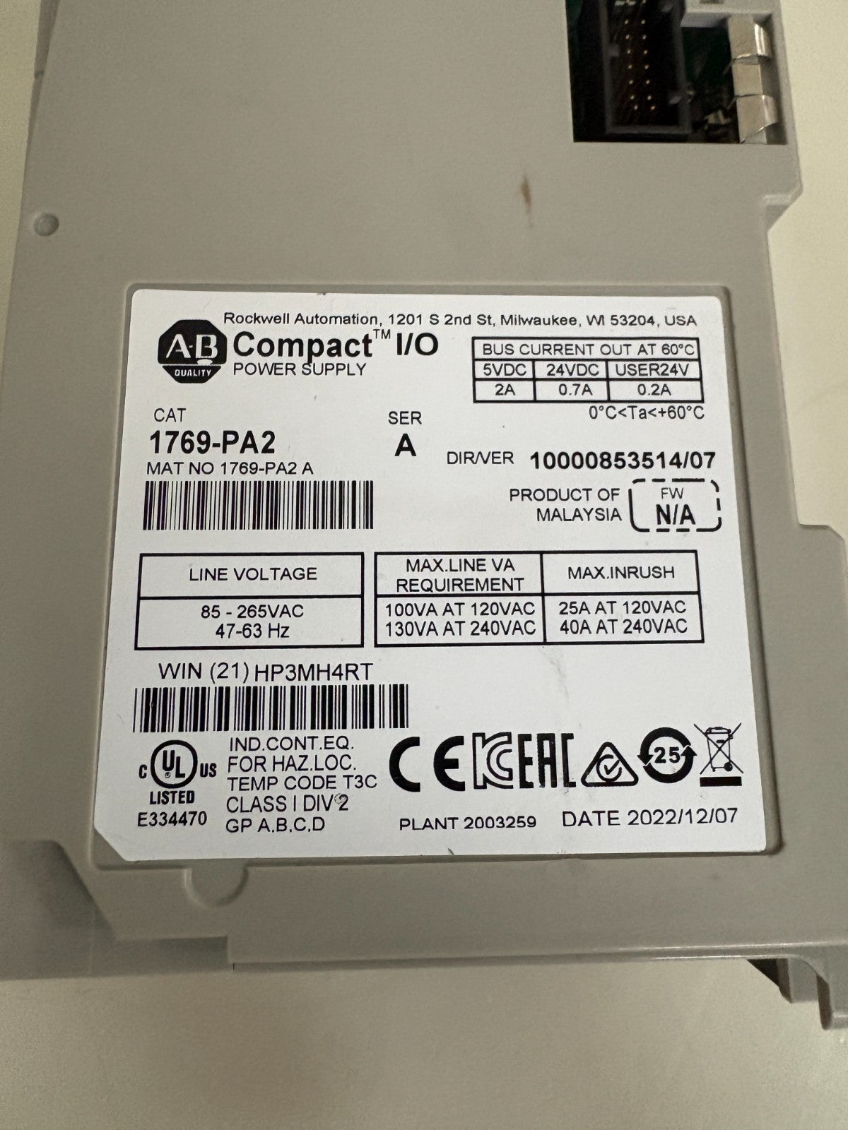 ALLEN BRADLEY POWER SUPPLY 1769-PA2 A 3