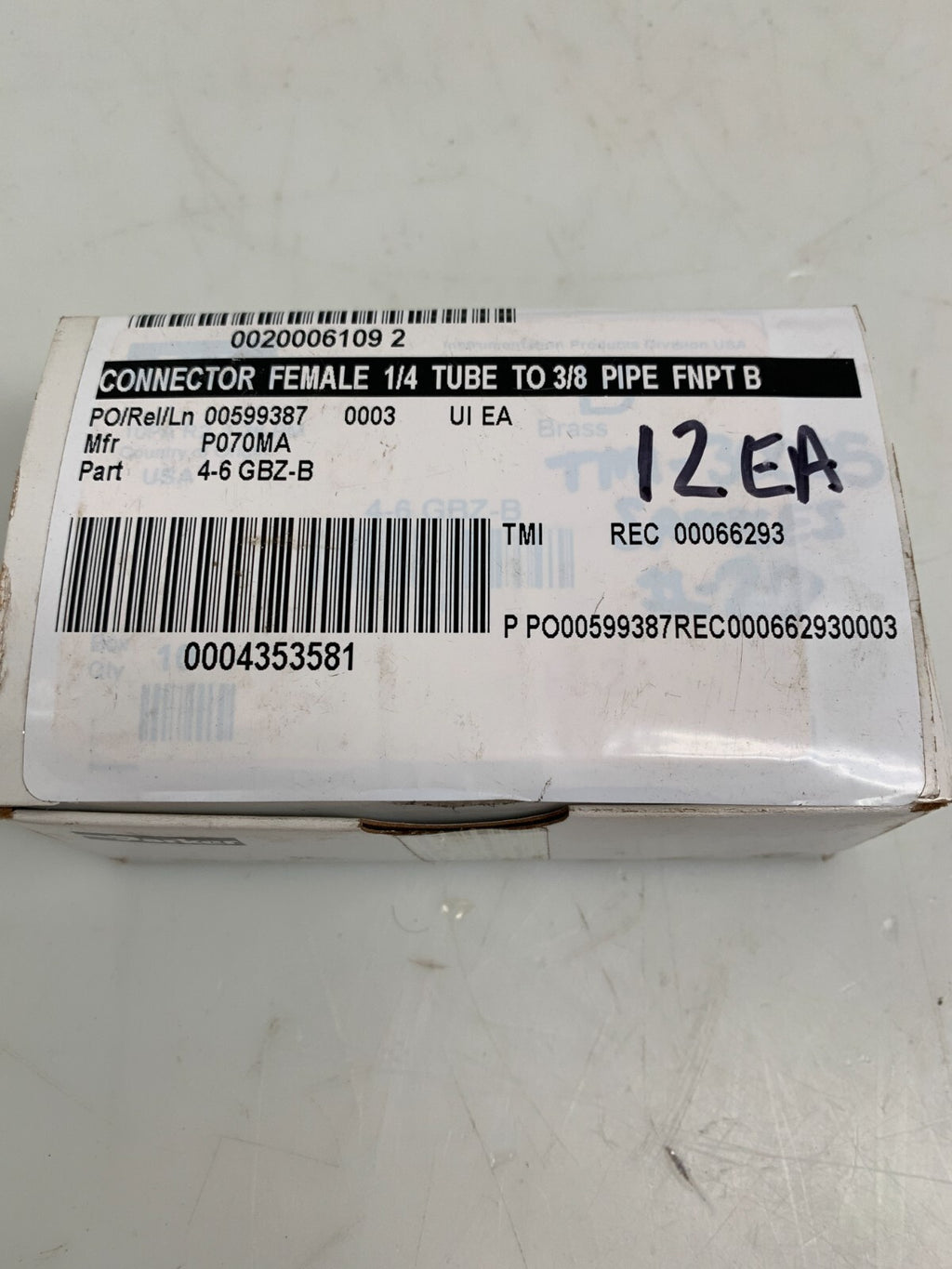 PARKER  4-6 GBZ-B  Female 1/4 Tube Connector to 3/8'' Brass  (12 per Box)2