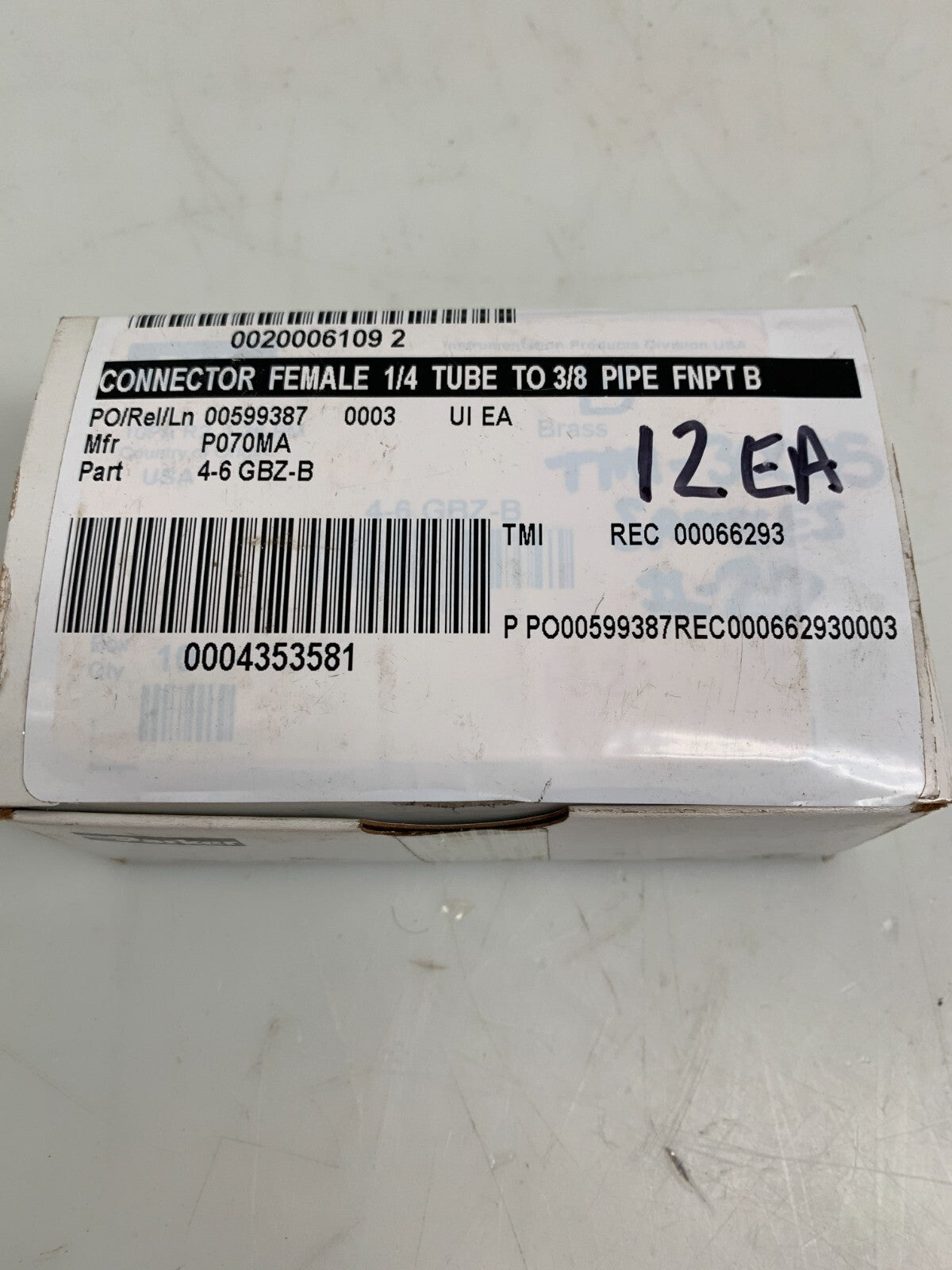 PARKER  4-6 GBZ-B  Female 1/4 Tube Connector to 3/8'' Brass  (12 per Box)2