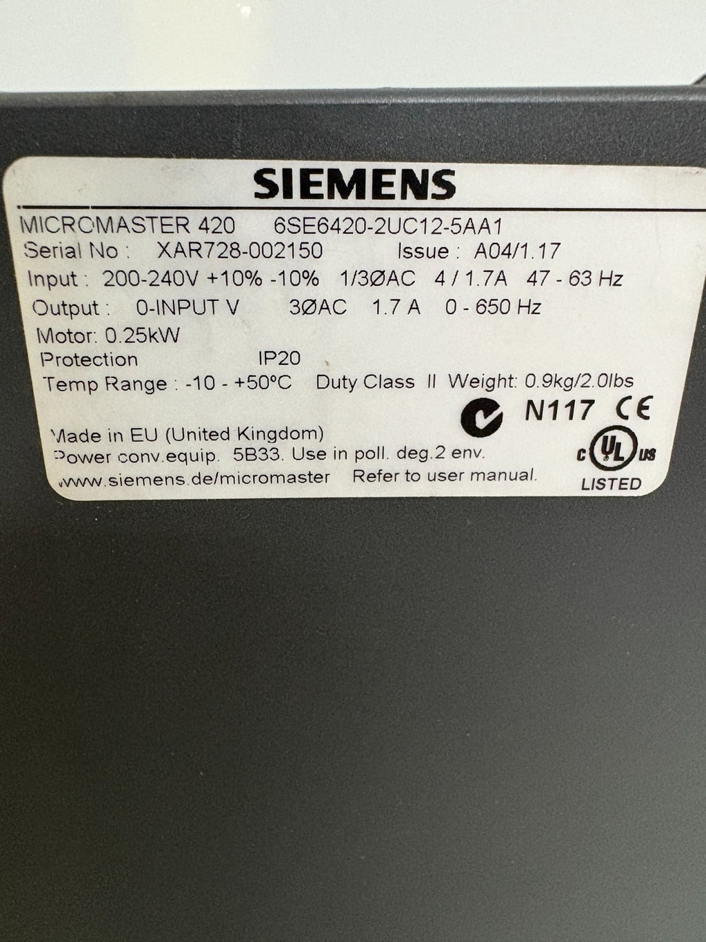 SIEMENS MICROMASTER 420 6SE6420-2UC12-5AA13